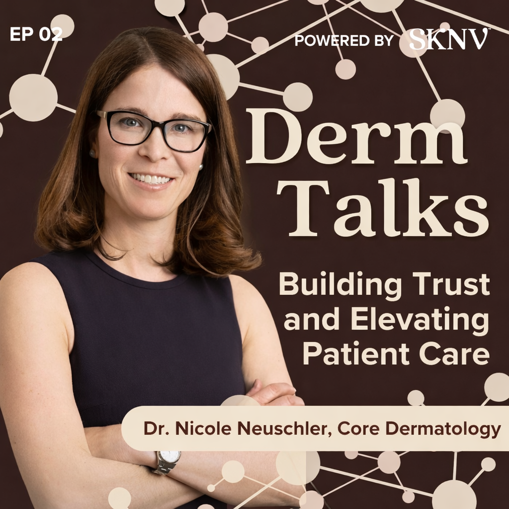Dr. Nicole Neuschler of Core Dermatology smiling with arms crossed on the Derm Talks podcast cover, Episode 02 — Building Trust and Elevating Patient Care.