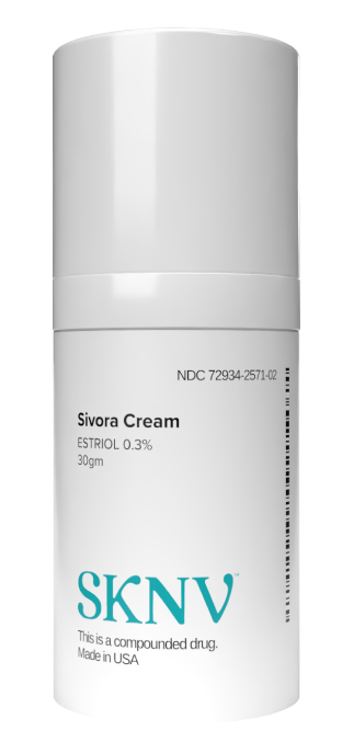 Sivora Cream bottle with SKNV branding, a topical medication featuring Estriol to support hydration and elasticity for anti-aging.