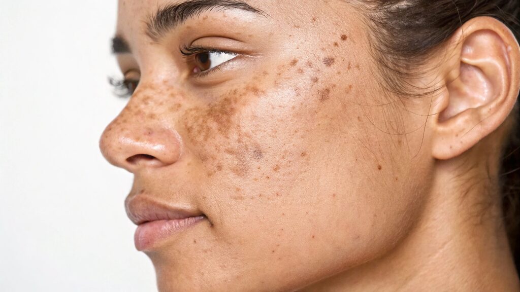 Close-up of a woman’s cheek showing dark spots and uneven pigmentation consistent with hyperpigmentation and melasma.