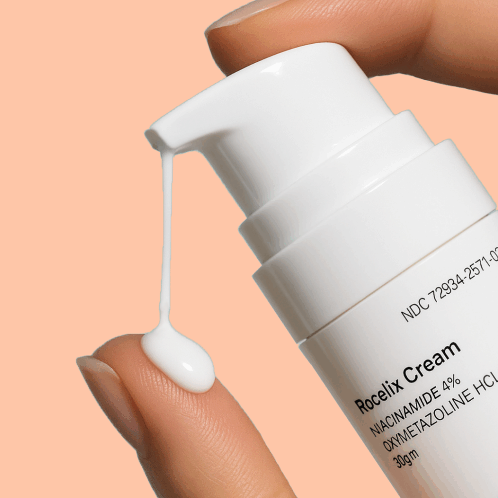 Finger pressing pump dispenser on Rocelix Cream bottle with cream dispensing for topical application.