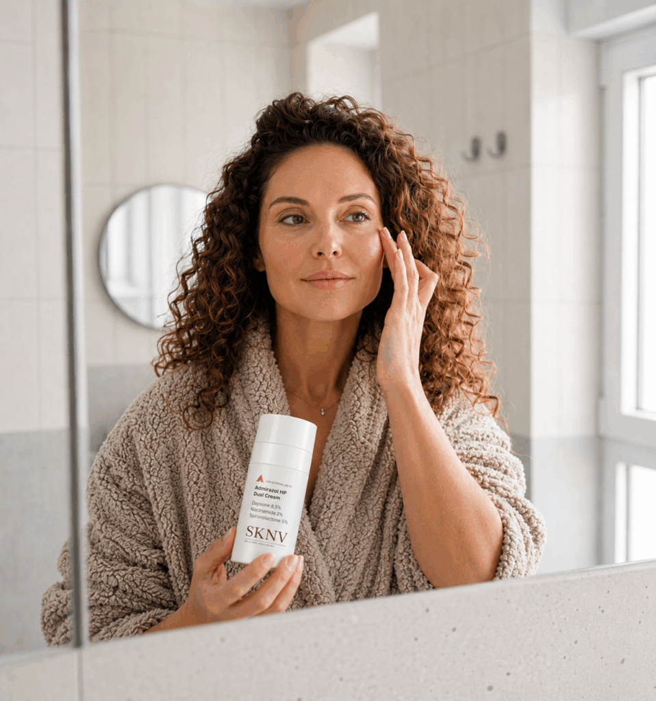 Woman applying Admirazol HP Dual Cream skincare at a bathroom mirror